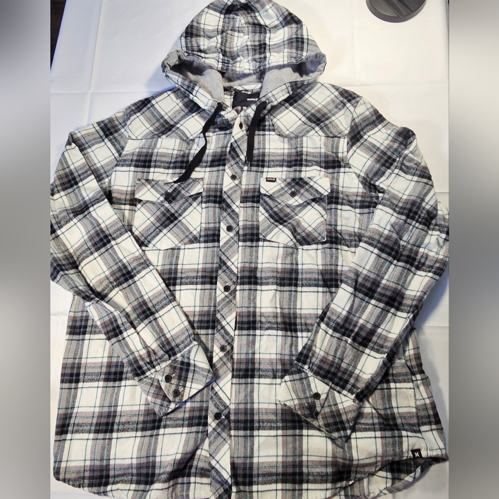 Hurley Men’s XL Hooded Button Down Flannel Shirt Plaid Lightweight Very Soft EUC